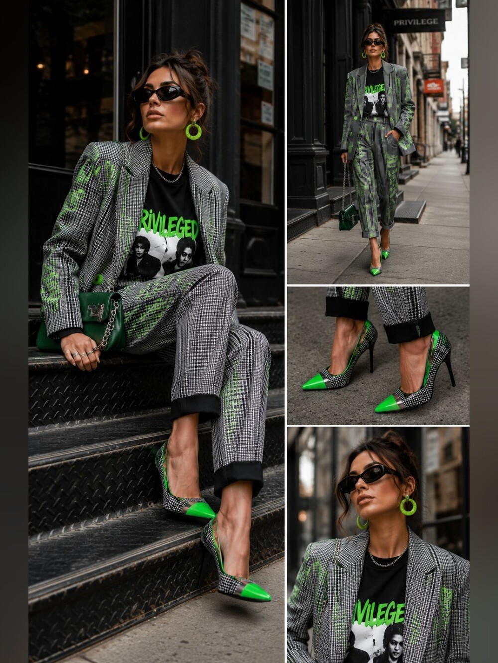 Privileged Neon Green and Black Grid Pointed-Toe Stiletto Heels